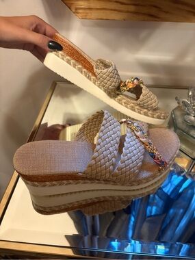 Woven Platform Slide Sandals in Beige with Decorative Chain
